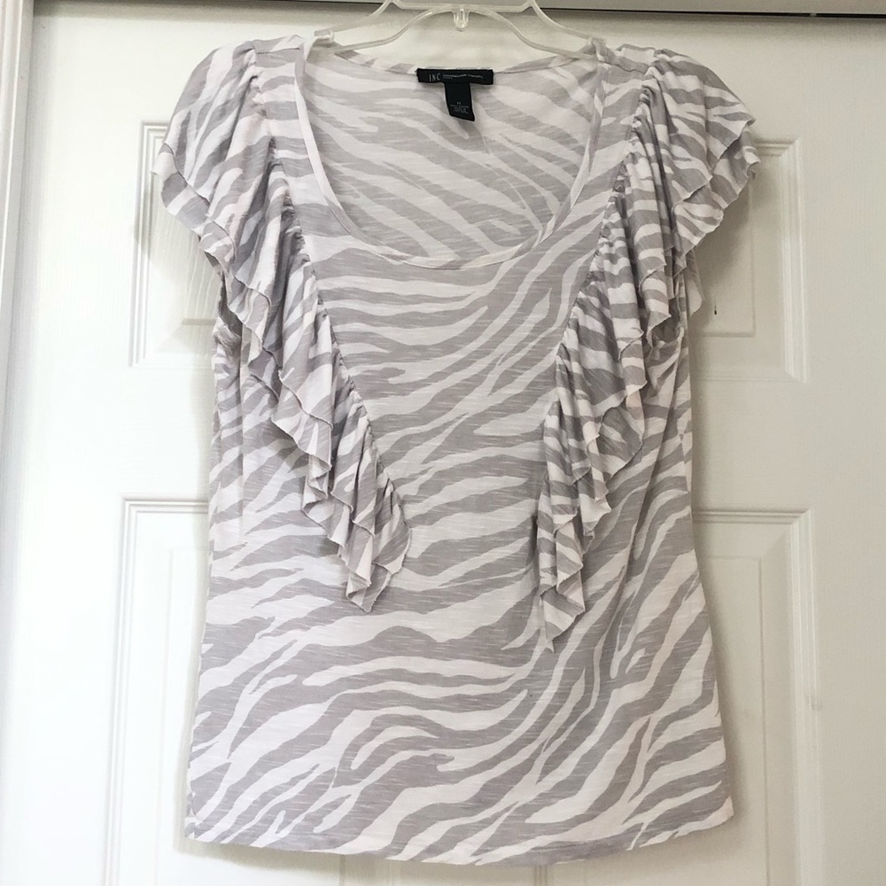 INC Zebra Striped Animal Print Ruffled Blouse Top